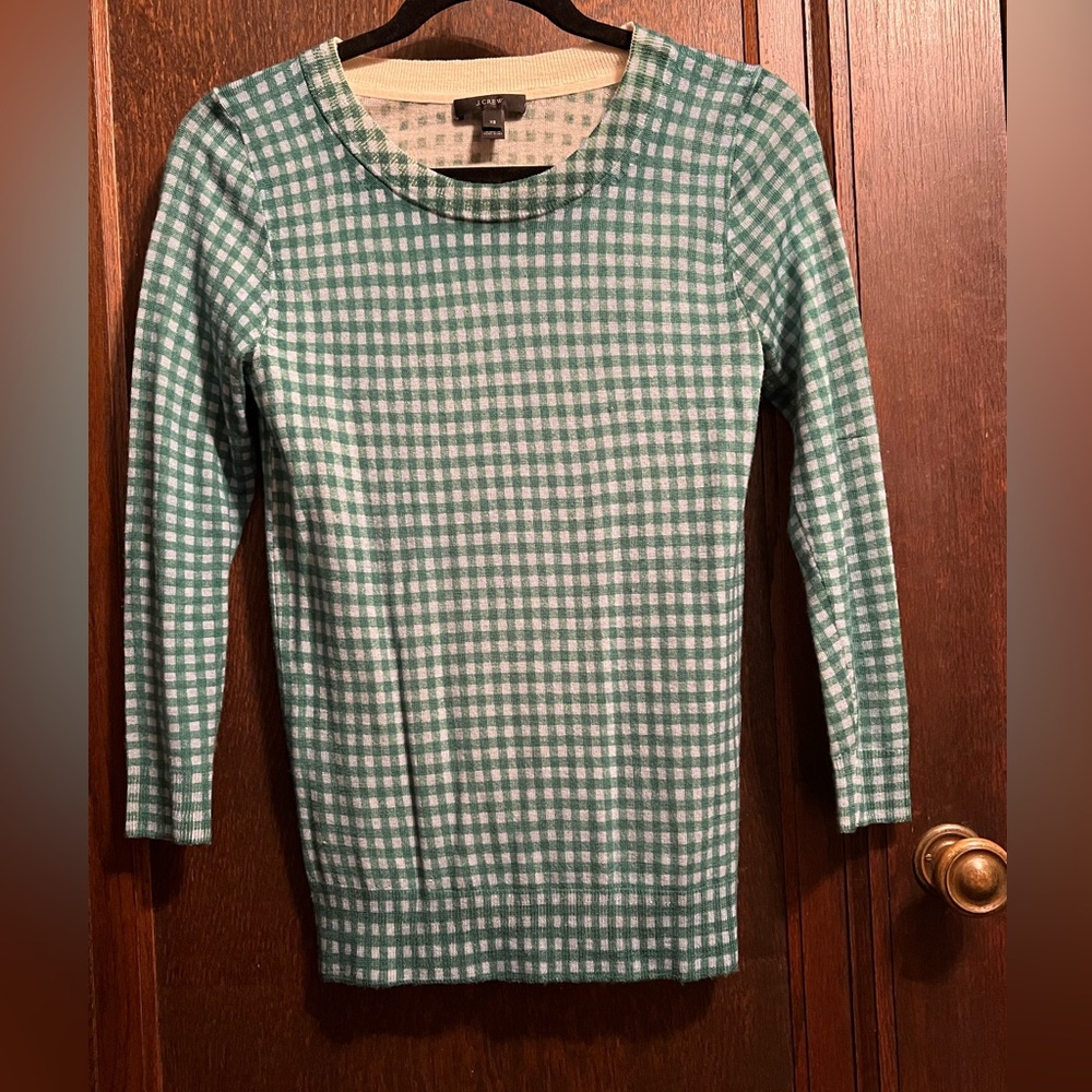 J Crew Women's Tippi 100% Merino Wool Green Gingham Checked Sweater XS 0 2